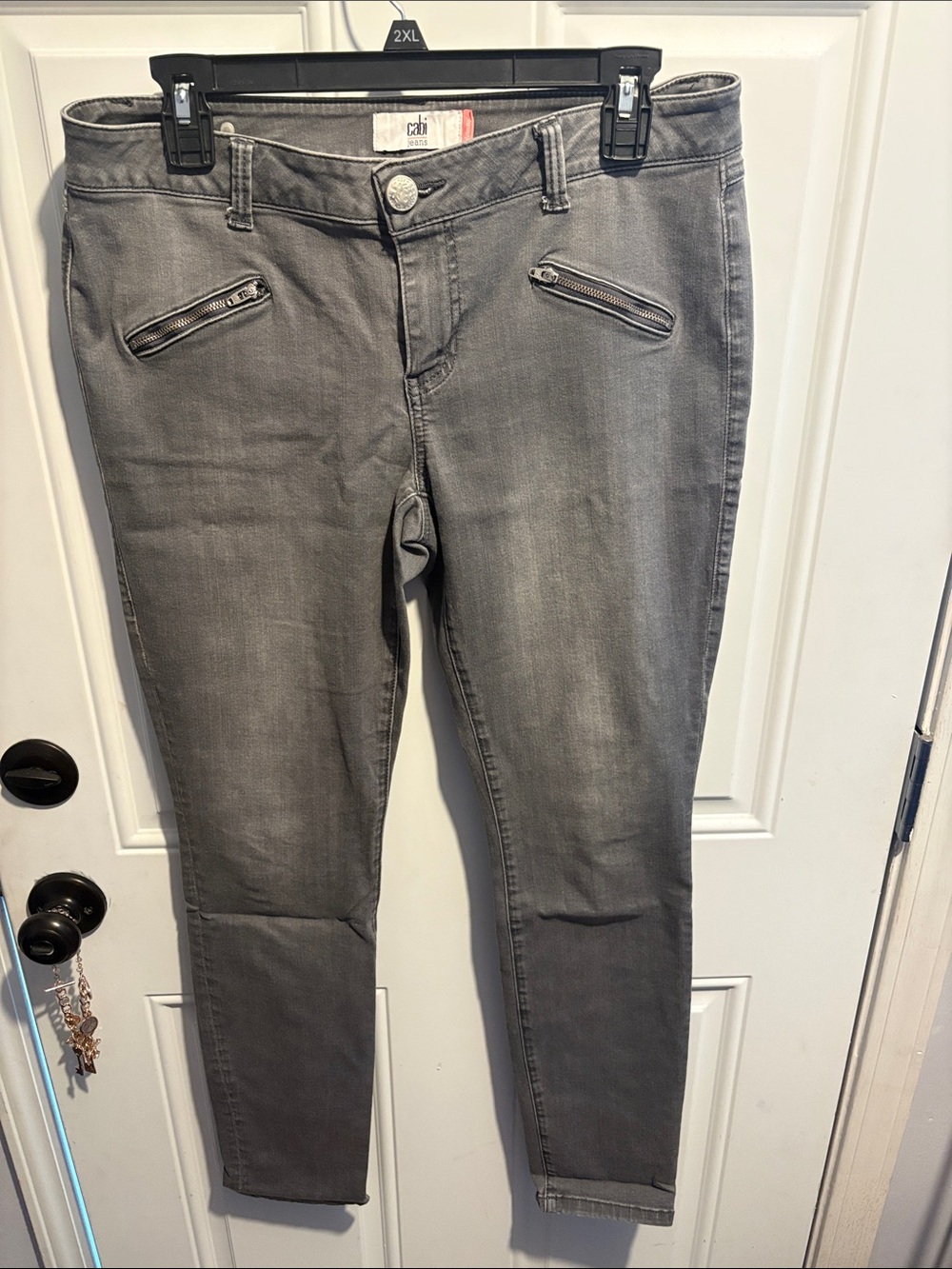 CAbi Gray Skinny Jeans with Front Zip Pockets